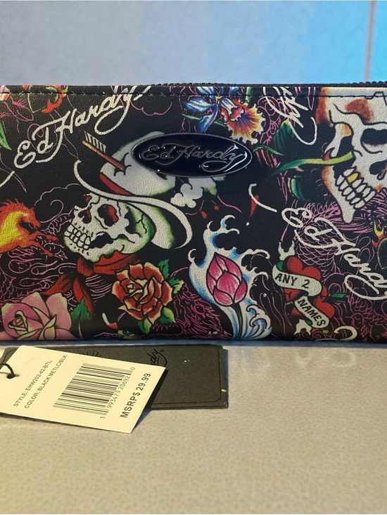 Ed Hardy Handbags - Ed Hardy Black Multi-Color Tattoo Print Wallet